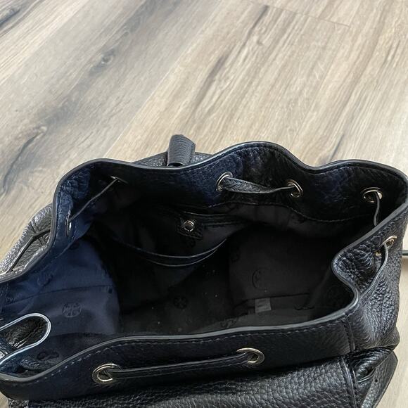 Tory Burch All T Drawstring Black Pebbled Leather Backpack
